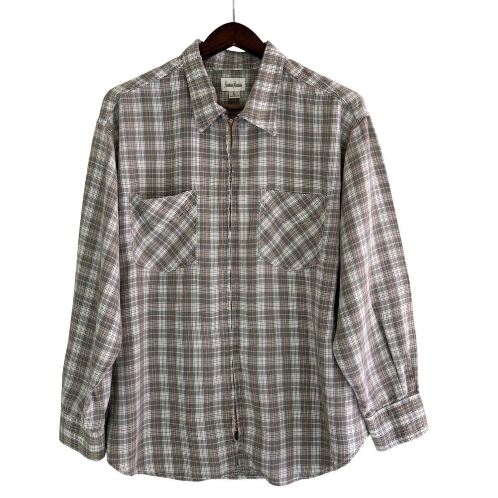Neiman Marcus Mens L Plaid Tencel Zip Front Utility Shirt Jacket Retro Made USA
